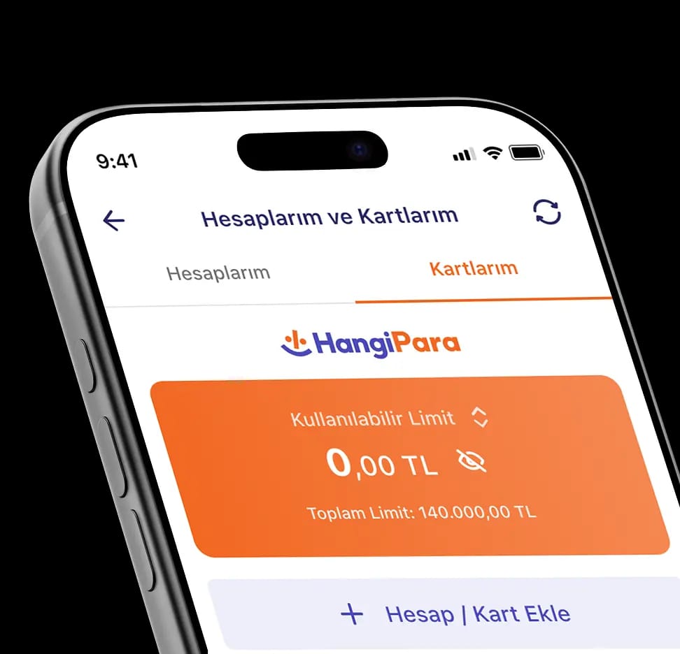 Hesaplarım ve Kartlarım menüsü: hesap veya kart ekleme ekranı