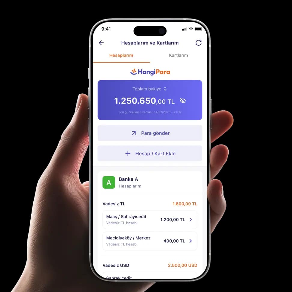 Açık bankacılık uygulama ekranları, hesap ve kart görünümü